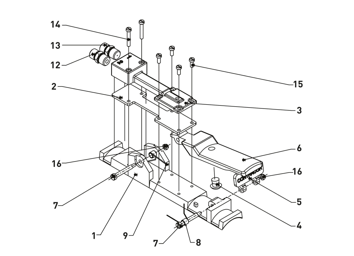 Schematische illustratie van de Contracor DMH Dodemansknop met genummerde onderdelen voor duidelijke identificatie.